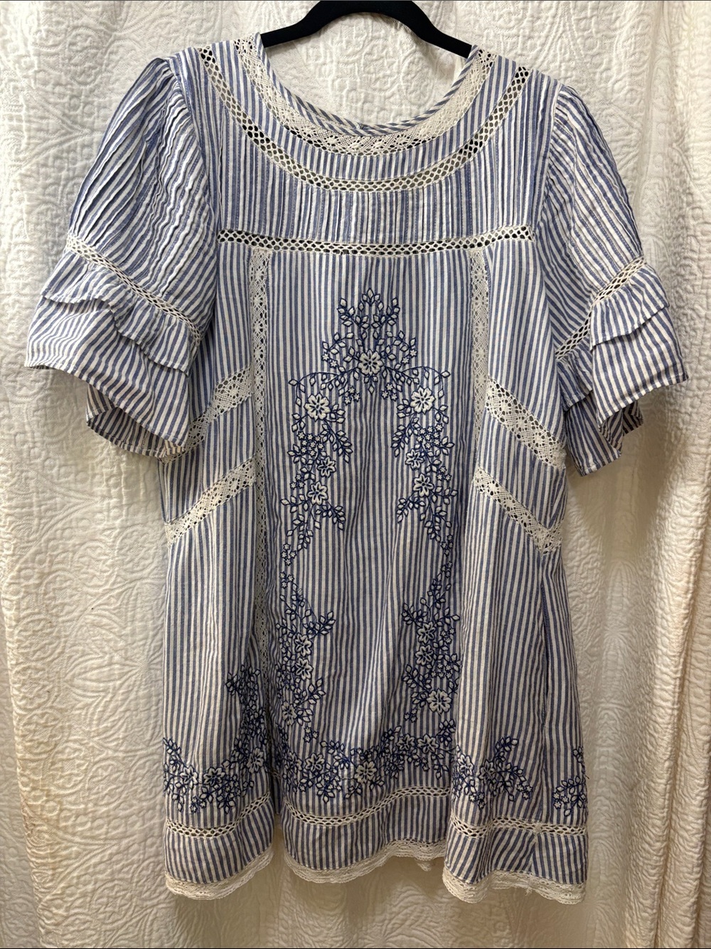 Free People Blue and White Striped Embroidered Tunic